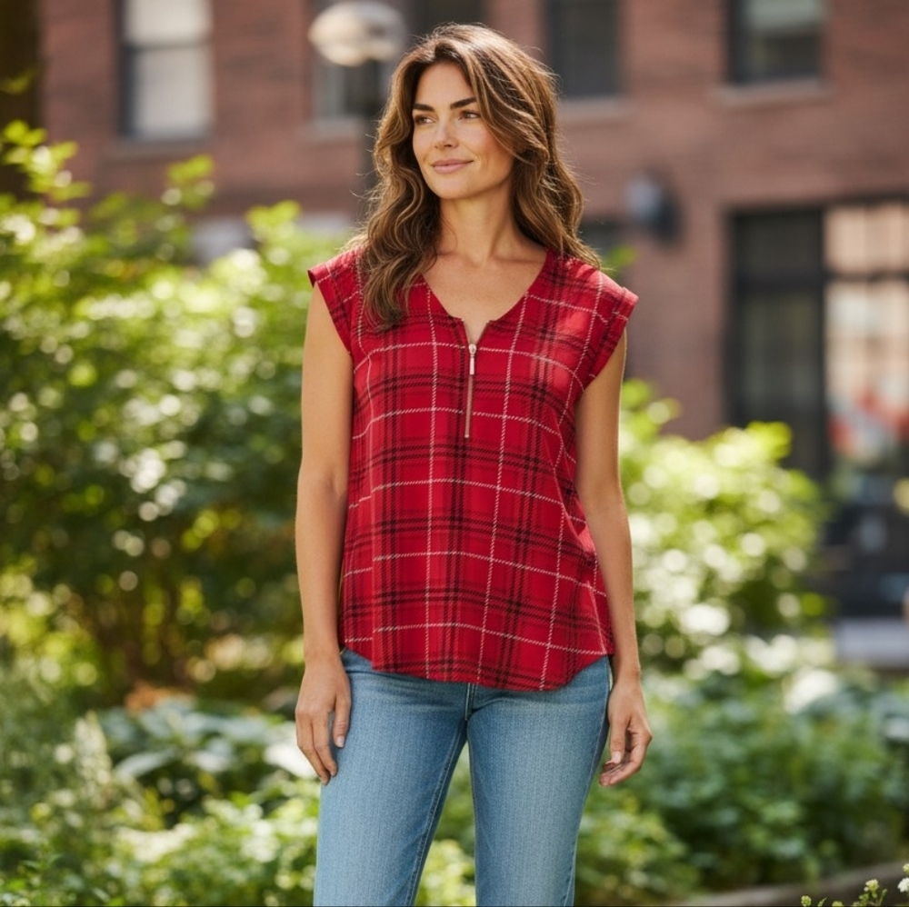 Express Women's Red Plaid Top